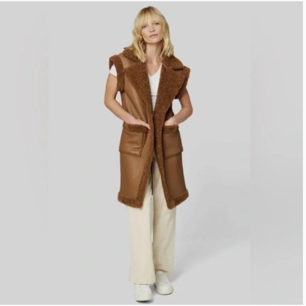 BLANKNYC Faux Leather & Shearling Long Vest Brown Sherpa Collar Sleeveless